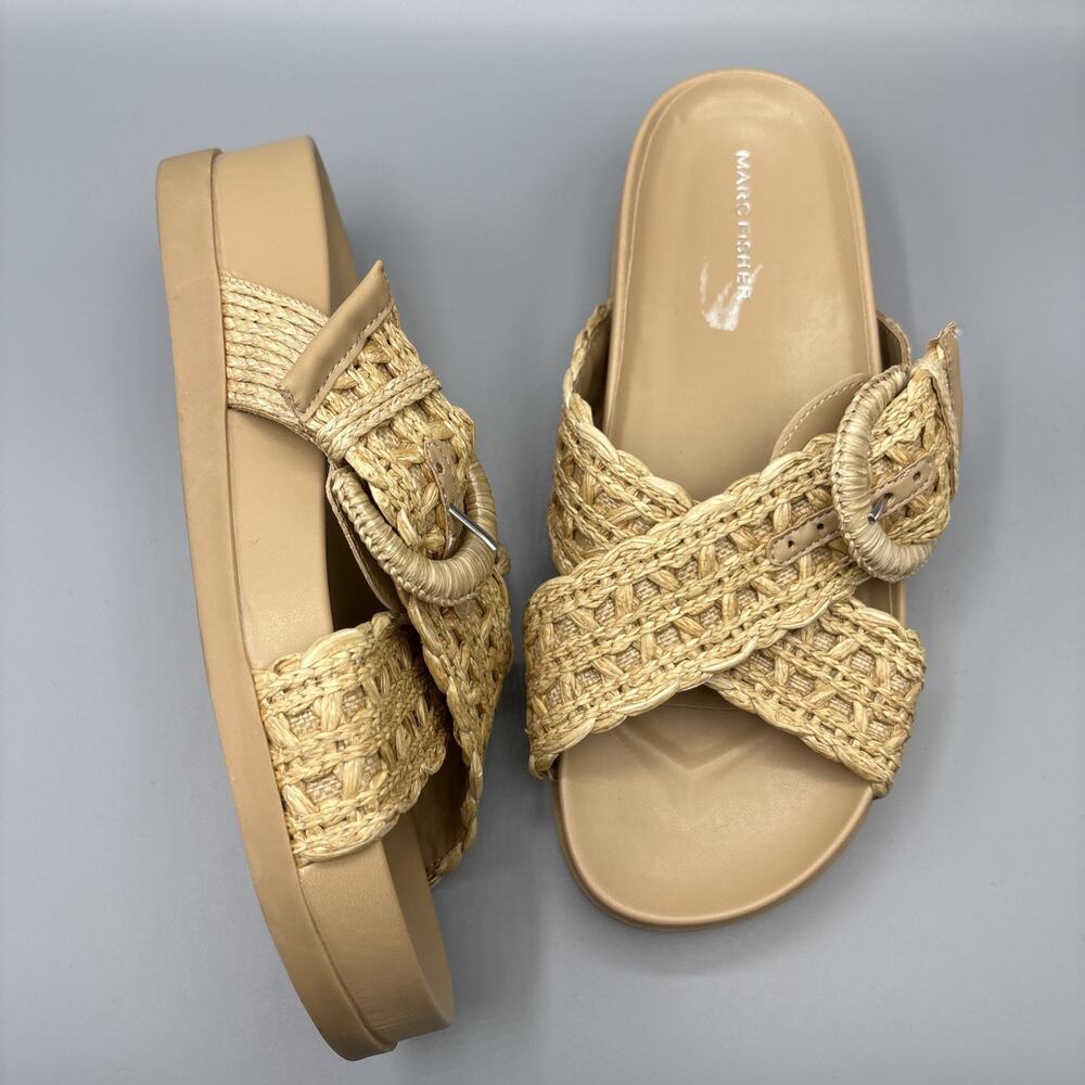 Marc Fisher Welti Slides Size 8.5 Mules Woven Raffia Buckle Boho Platform Sandal